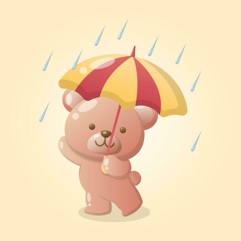 vektor söt teddy Björn docka regn med paraply för bebis pojke flicka illustration