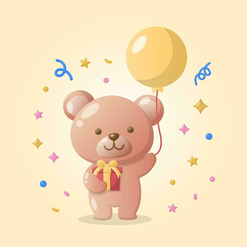 vektor söt teddy Björn docka på födelsedag fest med gåva ballong för bebis pojke flicka illustration