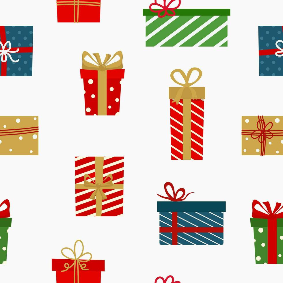 nahtloses weihnachtsmuster. Hintergrund mit bunten Geschenkboxen. perfekt für Geschenkpapier, Grußkarten, Textilien. vektor