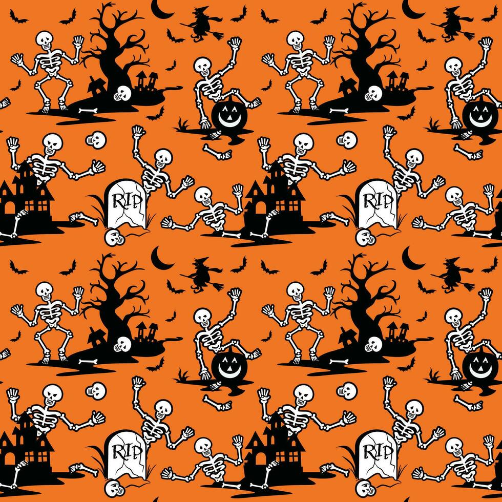 Halloween Skelett nahtlos Muster mit Hexe und Schläger- Halloween Vektor Illustration