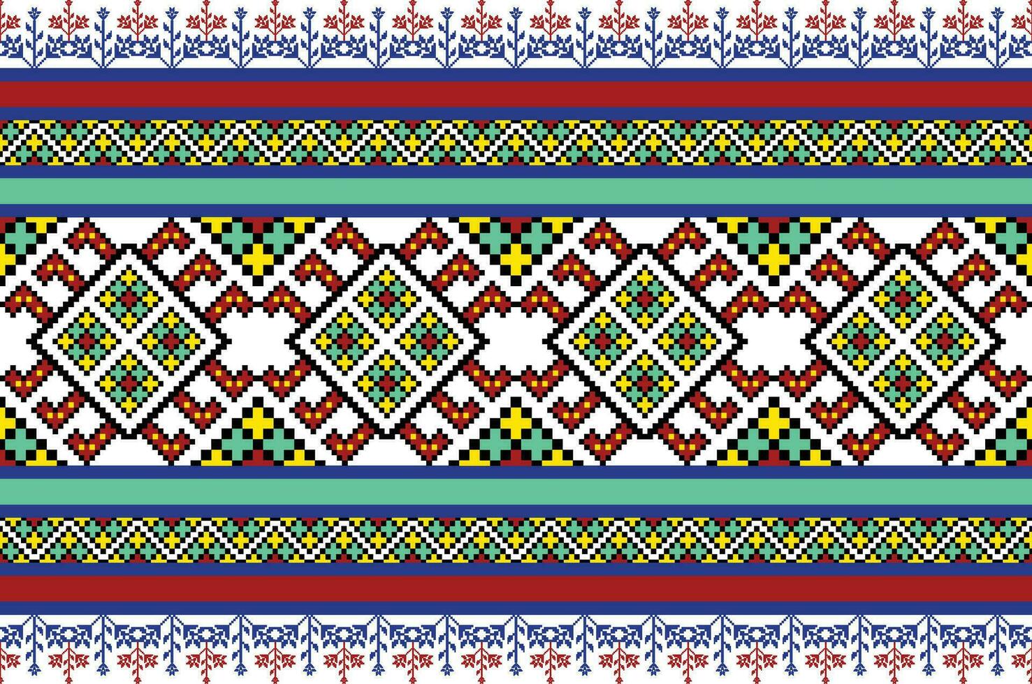 Kreuz Stich Stickerei. ethnisch Muster. einheimisch Stil. traditionell Design zum Textur, Textil, Stoff, Kleidung, Strickwaren, drucken. geometrisch Pixel horizontal nahtlos Vektor. Blau, Weiss, dunkel grün. vektor