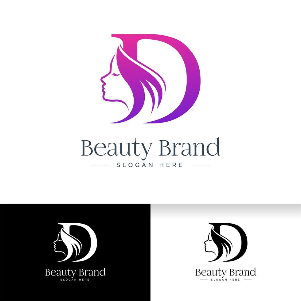 bokstaven d skönhet logotyp design. kvinna ansikte siluett vektor