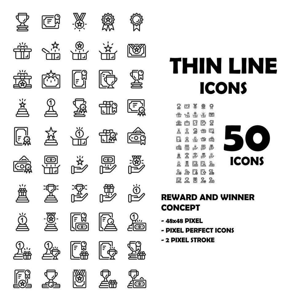 50 Icons Set von Belohnungs- und Gewinnerliniensymbolen. vektor