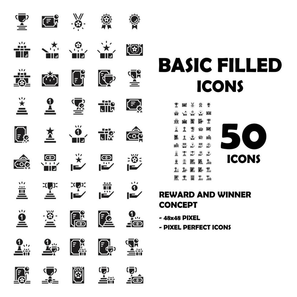 50 ikoner uppsättning av belöning och vinnare solida ikoner. vektor