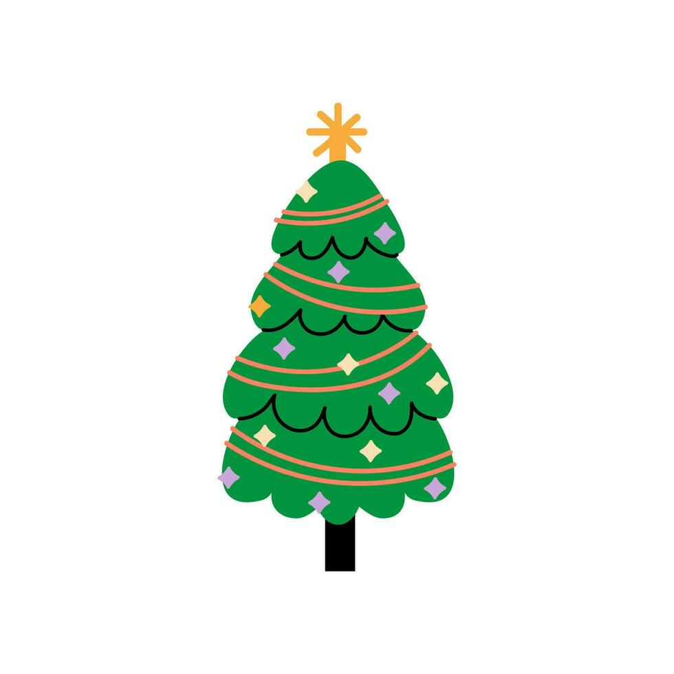 vektor dekorerad ny år träd modern tecknad serie jul gran med xmas ny år dekorationer, illustration