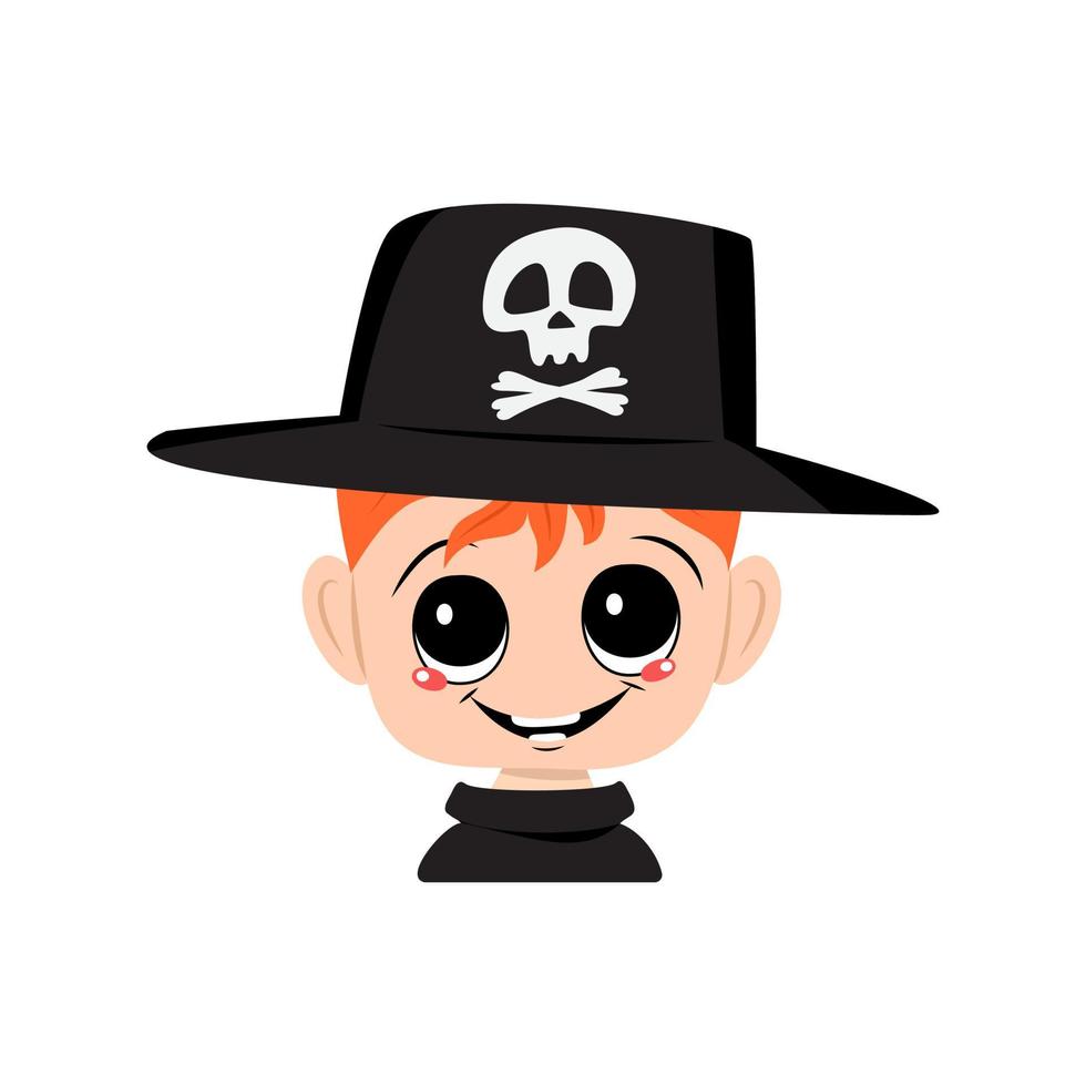 Junge mit roten Haaren, glückliches Lächeln in Halloween-Hut mit Totenkopf vektor