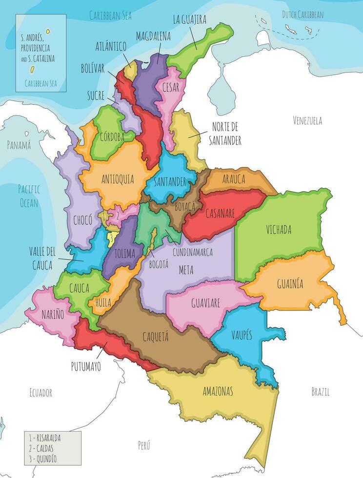 Vektor illustriert Karte von Kolumbien mit Abteilungen, Hauptstadt Region und administrative Abteilungen, und benachbart Länder. editierbar und deutlich beschriftet Lagen.