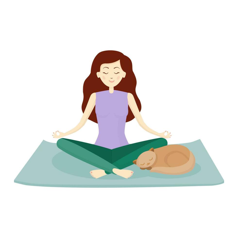 ein jung europäisch Frau und ein Katze meditieren Sitzung auf Yoga Matte im Lotus Position isoliert eben Vektor Illustration. üben Yoga Konzept