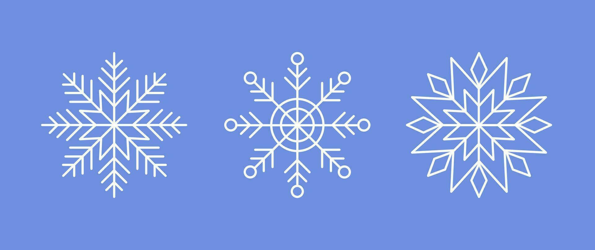 Weiß Schneeflocken auf Blau Hintergrund. Vektor Winter isoliert Symbole im Silhouette. Schnee Kristalle. einfach Linie Stil