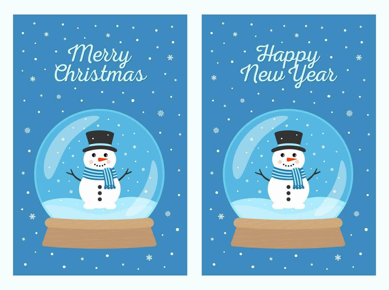 snö klot med snögubbe och snöflingor. uppsättning av jul och ny år hälsning kort. vektor illustration