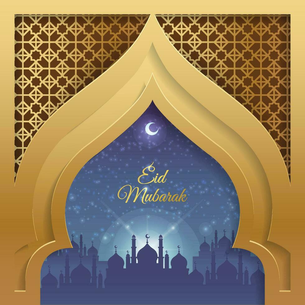 Ramadan kareem Podium. glühend Laterne auf das Hintergrund von das alt Stadt und Moschee. islamisch traditionell rahmen. luxuriös golden Mond mit islamisch Ornament. eid Mubarak. Vektor Illustration