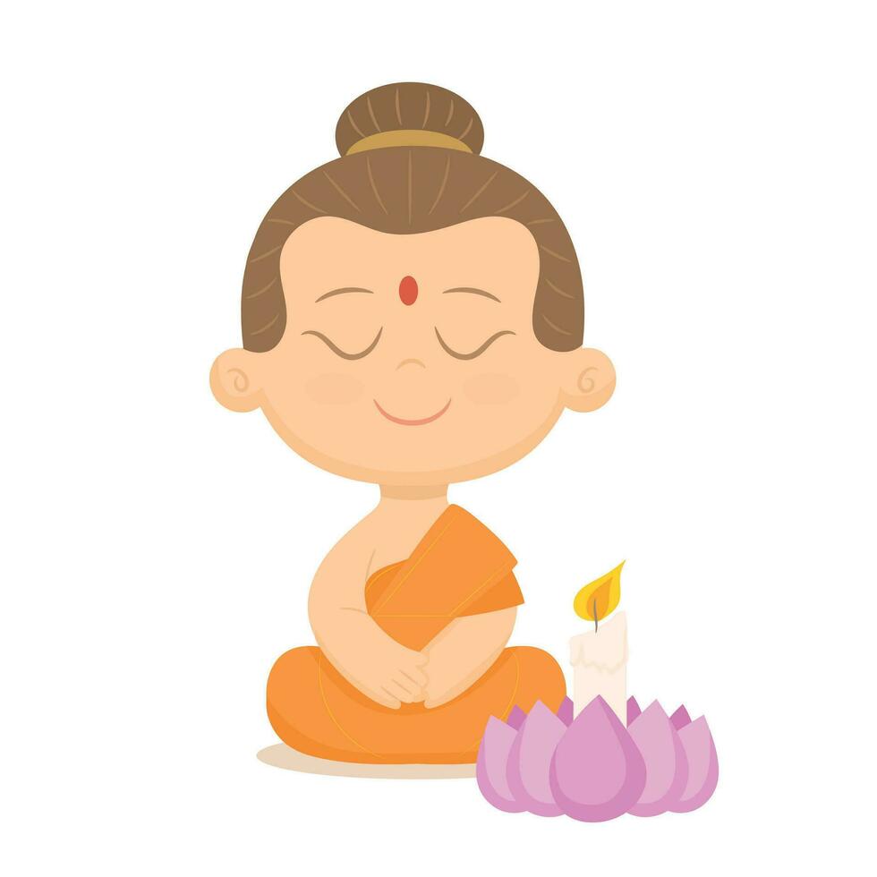 liten buddha tecknad serie karaktär meditation på lotus blomma vektor