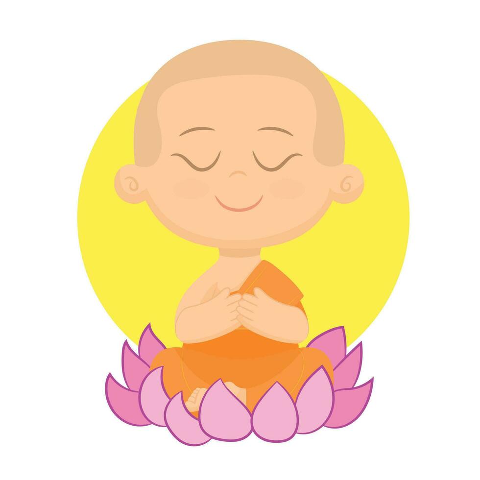 liten buddha tecknad serie karaktär meditation på lotus blomma vektor