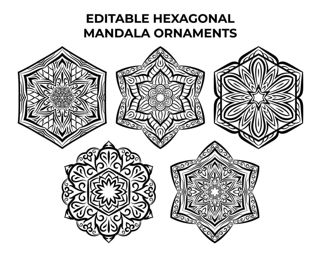 samling av hexagonal mandala dekorativ dekoration mönster vektor. uppsättning av isolerat skära ut afrikansk blommig henna mönster i svart och vit översikt för färg bok. vektor