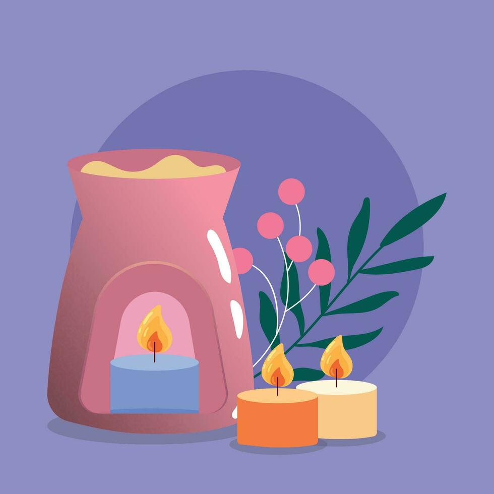Gruppe von Kerzen zum Amoratherapie und Blätter Vektor Illustration