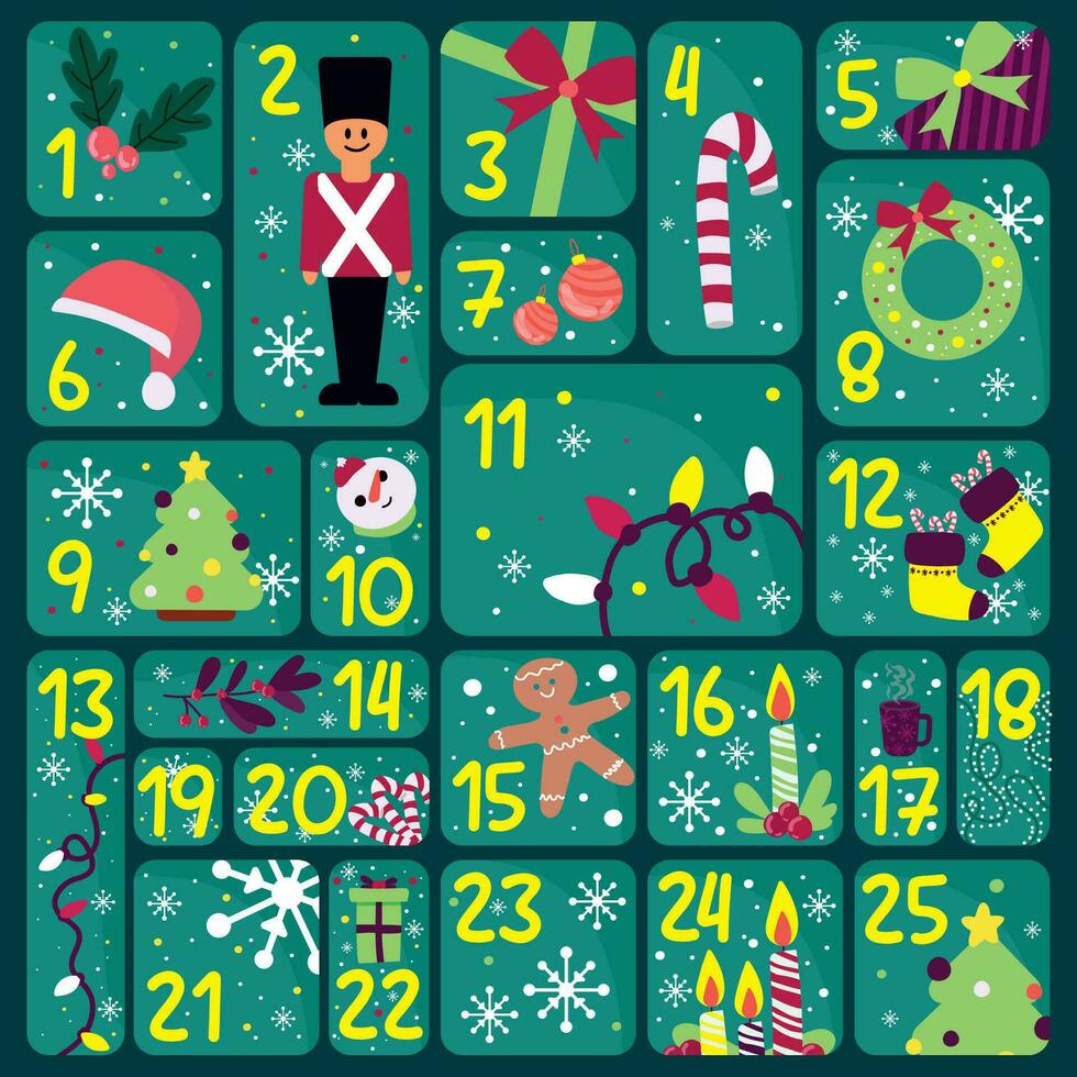 grön jul första advent kalender med annorlunda objekt vektor illustration