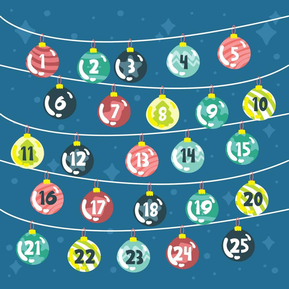 färgad jul första advent kalender med jul träd bollar vektor illustration