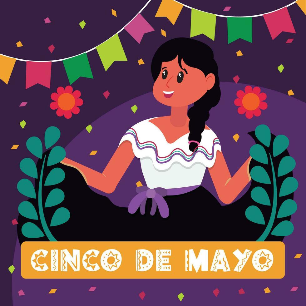 farbiges cinco de mayo-plakat mit weiblicher tänzercharakter-vektorillustration vektor