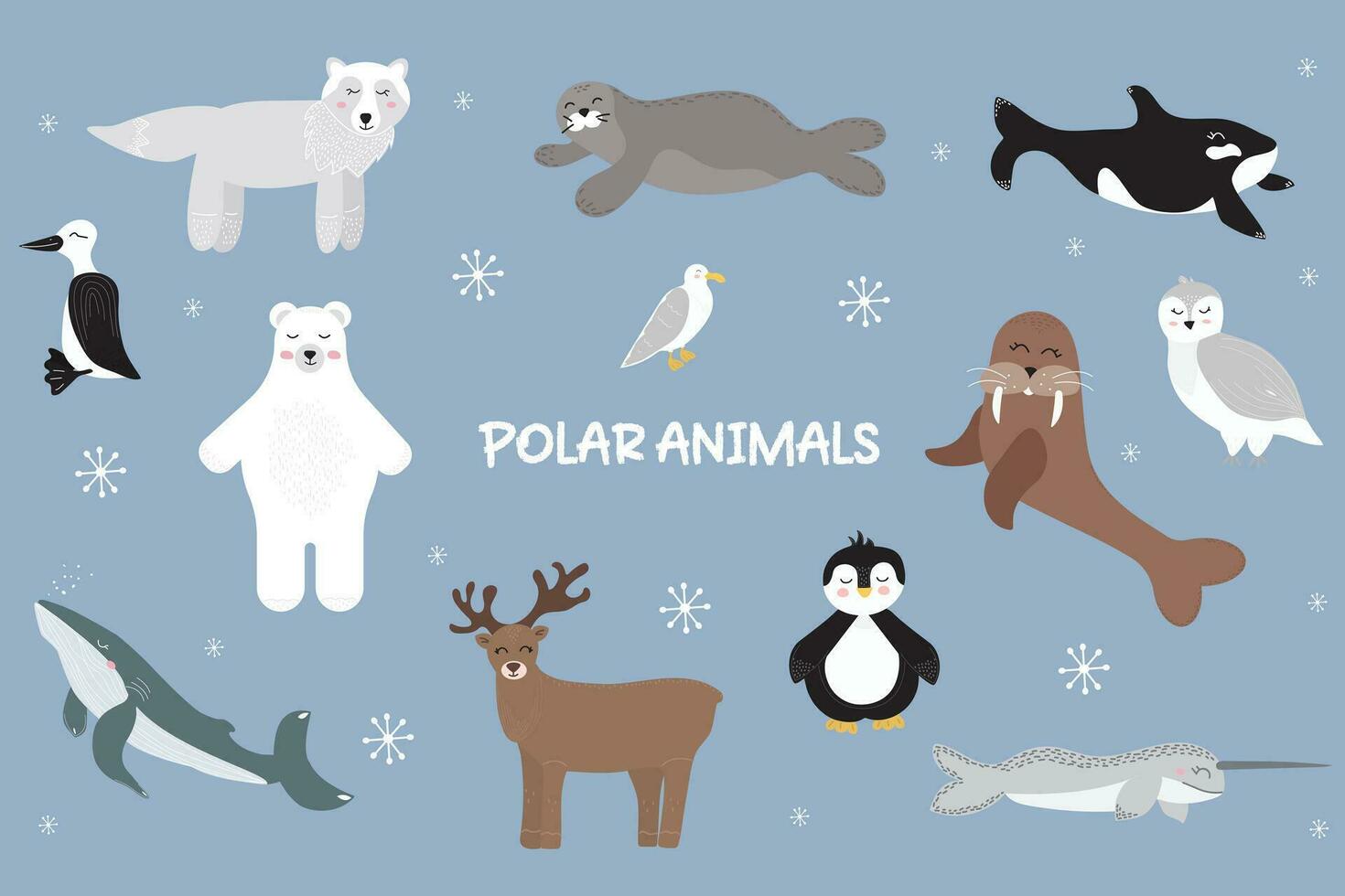 Vektor Illustration von süß Polar- Tiere, Seevögel und Säugetiere. groß einstellen von wild Arktis Tiere. Wal, Narwal, Walross, Polar- Eule, Polar- tragen. Arktis Reh. Vektor Illustration im eben Stil. Banner