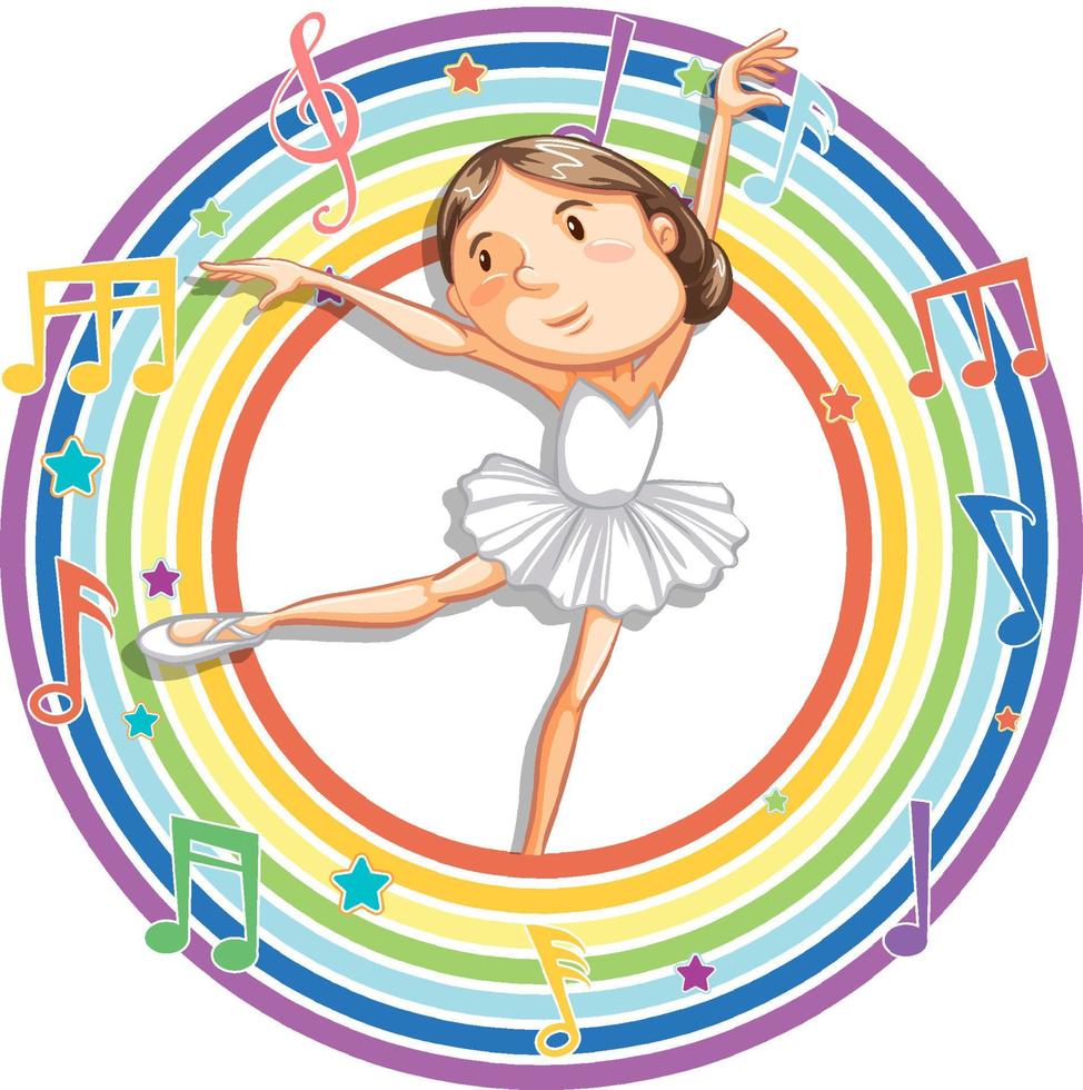 Ballerina im Regenbogen runden Rahmen mit Melodiesymbolen vektor