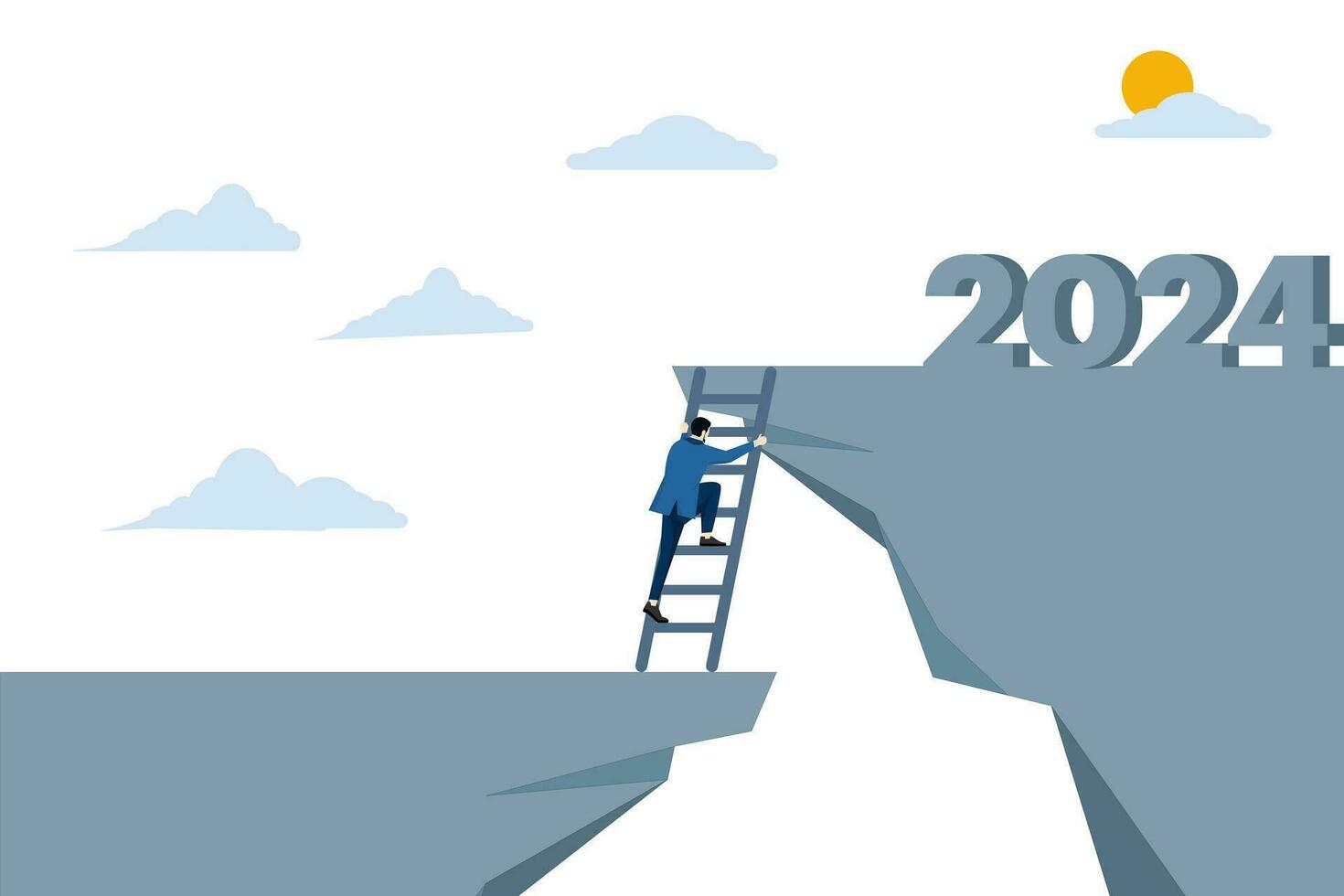 2024 Hoffnungen, Neu Jahre Vorsätze oder Chancen zum Erfolg, hell Neu Geschäft Zukunft Änderungen, Überwindung Geschäft Schwierigkeiten, ehrgeizig Unternehmer Überwindung das Spalt Jahr 2023 zu 2024. vektor