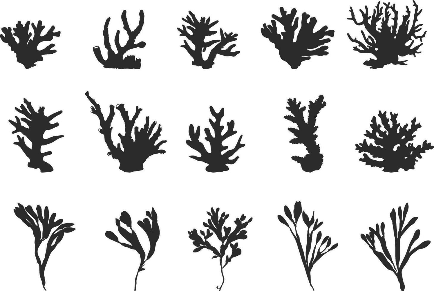 korall silhuett, hav koraller silhuett, tång silhuett, korall ClipArt, korall vektor illustration.