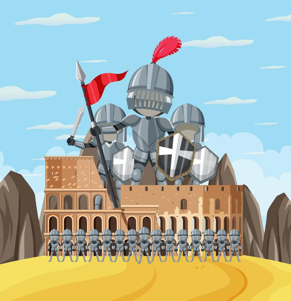 Ritter und Kolosseum auf weißem Hintergrund vektor