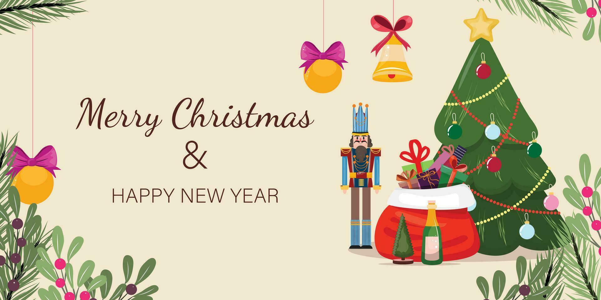 horisontell jul och Lycklig ny år mall med nötknäppare, träd, flaska av champagne vektor