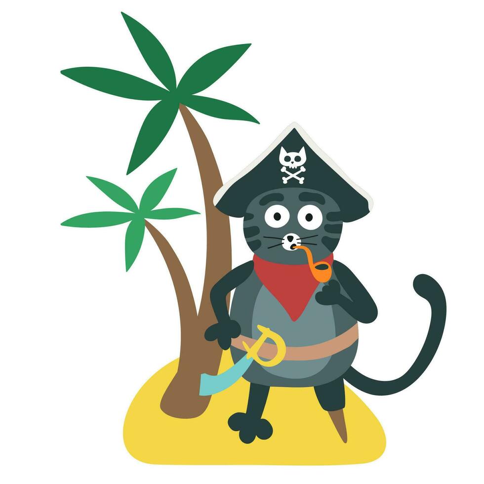 katt pirat på de ö. barns illustration. hand dragen vektor illustration.