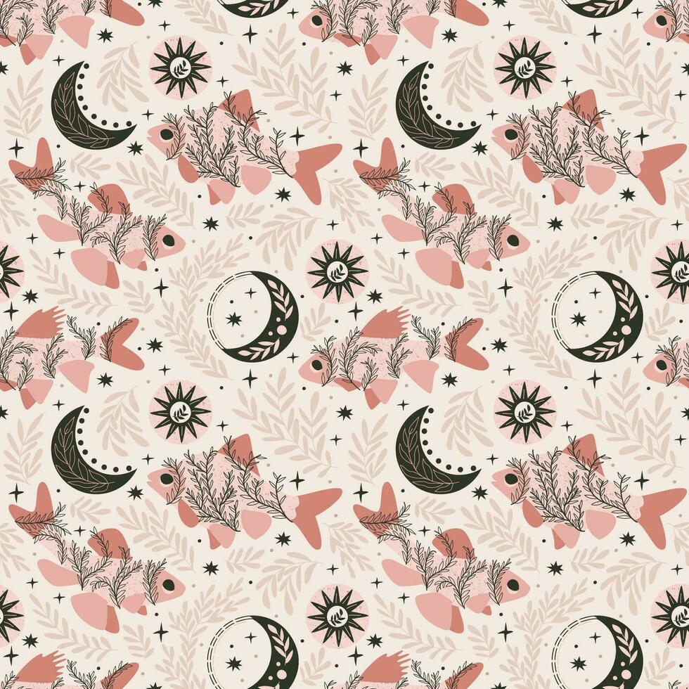 Fisch und Sterne, Halbmond. nahtlos Muster. mystisch drucken Design auf ein Rosa Hintergrund. Hand gezeichnet Vektor Illustration.