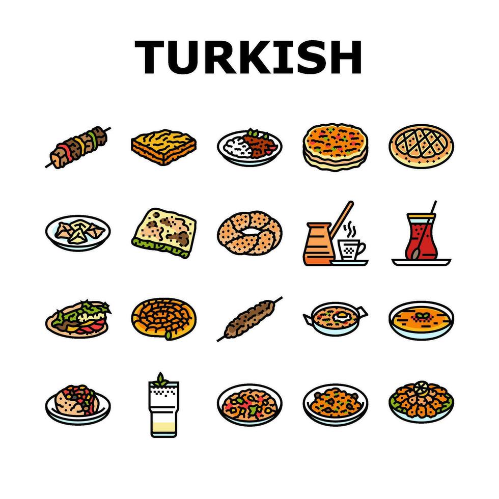 Türkisch Küche Essen Mahlzeit Symbole einstellen Vektor