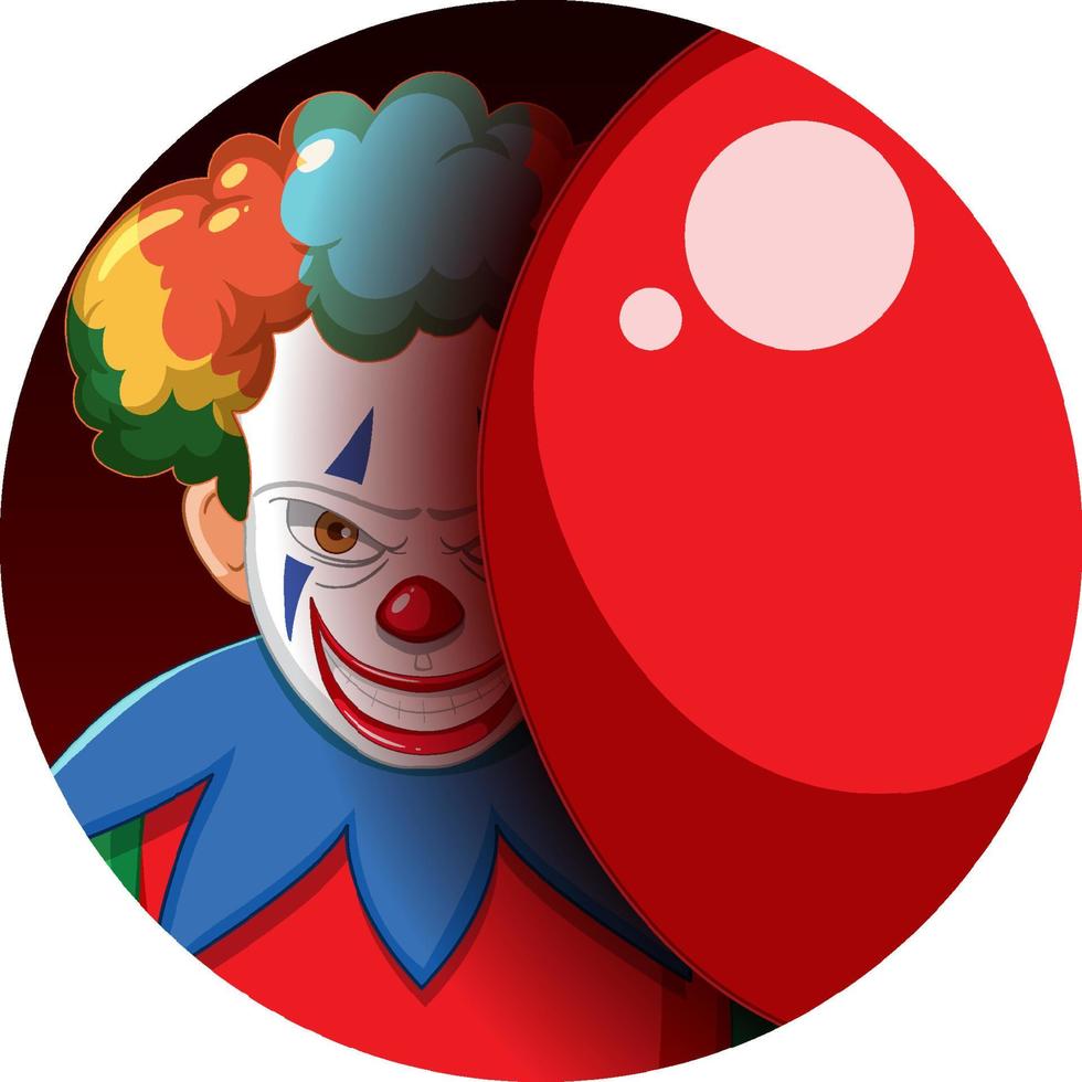 läskiga clown leende med röd ballong vektor