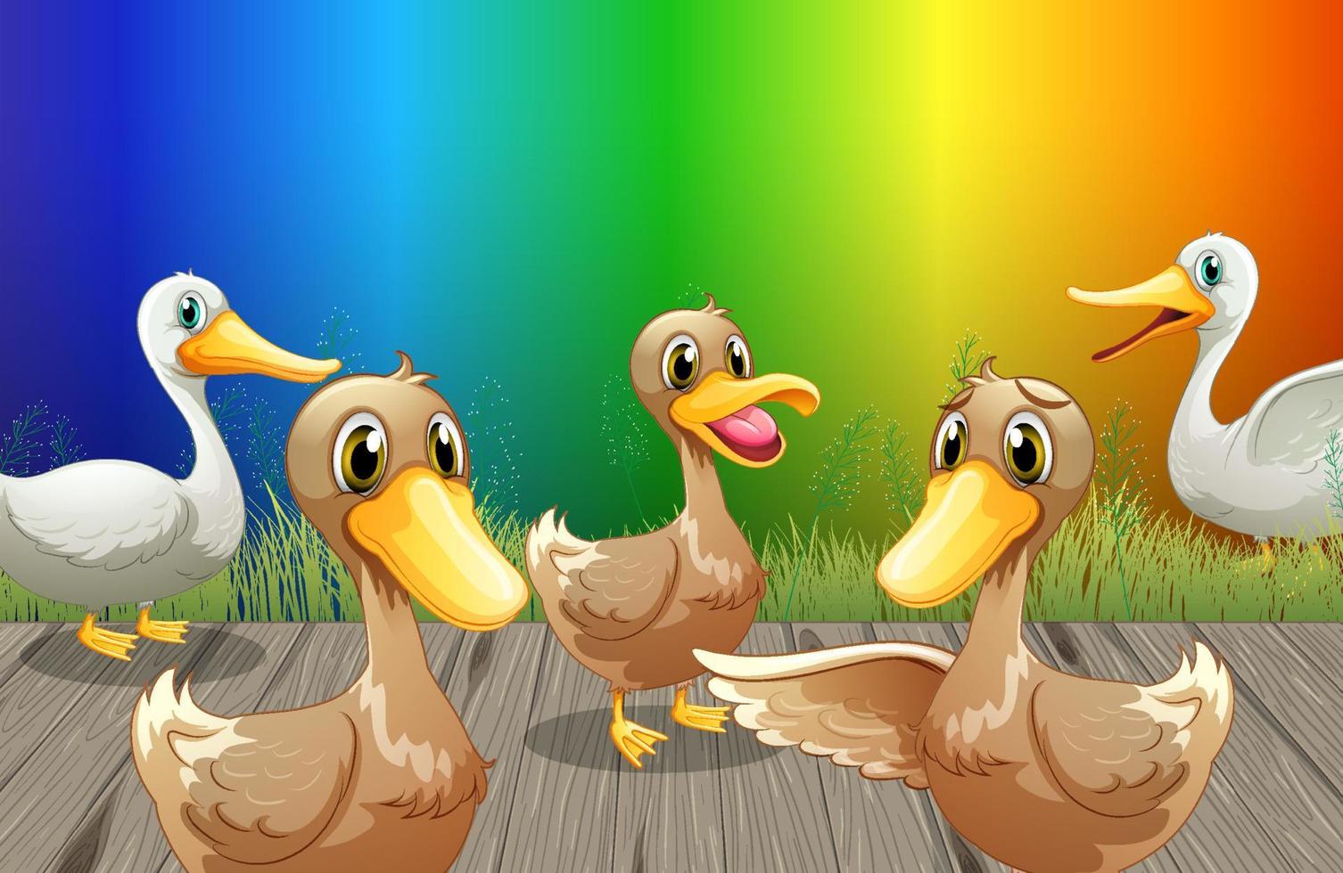 viele Enten-Cartoon-Figur auf Regenbogen-Gradientenhintergrund vektor