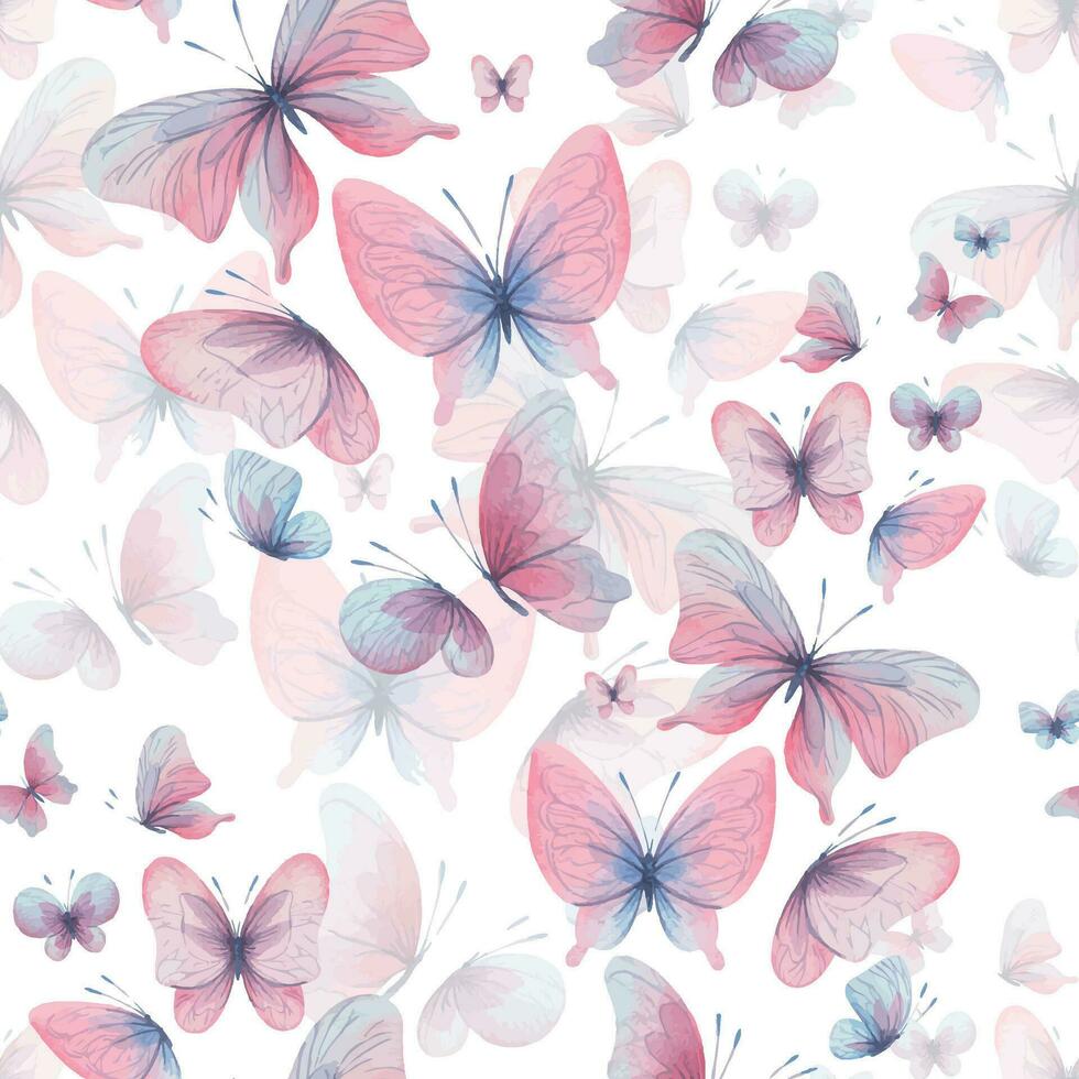 Schmetterlinge sind Rosa, Blau, lila, fliegend, zart mit Flügel und spritzt von malen. Hand gezeichnet Aquarell Illustration. nahtlos Muster auf ein Weiß Hintergrund, zum Design vektor