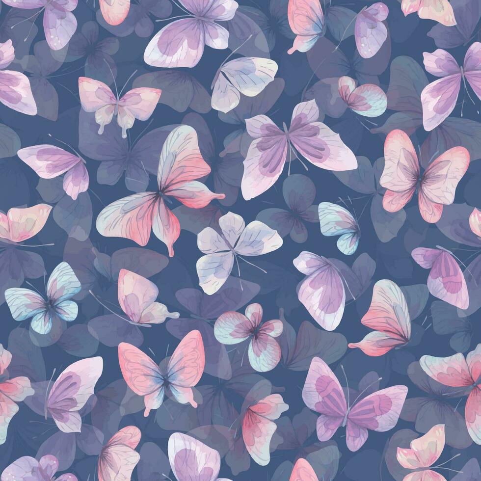 fjärilar är rosa, blå, lila, flygande, delikat med vingar och stänk av måla. hand dragen vattenfärg illustration. sömlös mönster på en blå bakgrund, för design. vektor