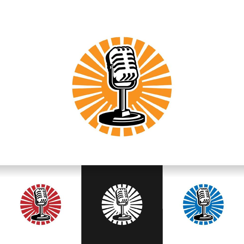 podcast -logotypmall. mikrofon mikrofon och soluppgång illustration. vektor