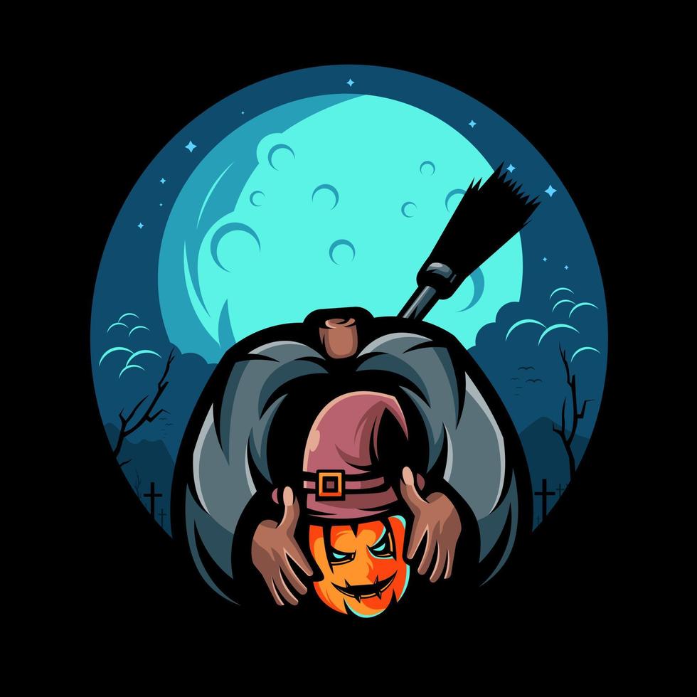 skrämmande halloween, avskuret pumpahuvud som bär en kvast i ryggen med en månbakgrund. illustration design vektor