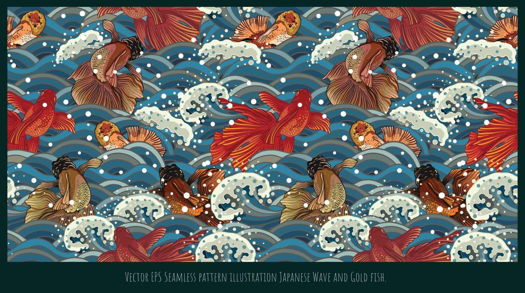 vektor eps sömlösa mönster illustration japansk våg och guldfisk