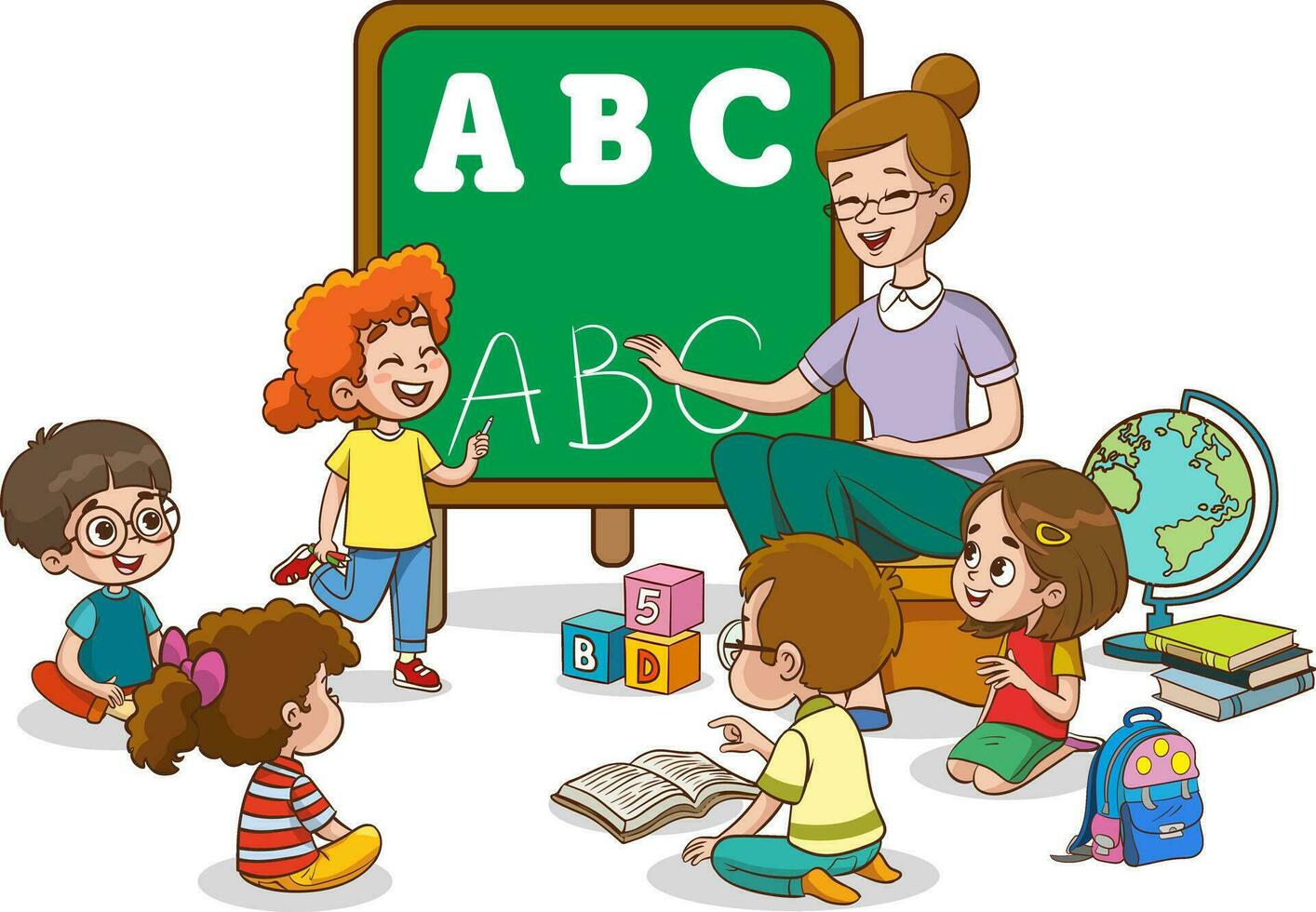 Schule Lehrer und Kinder studieren im Klassenzimmer Vektor Illustration. Karikatur Lehrer Erziehung Schüler Kinder, Stehen beim Klassenzimmer Tafel und Lehren Kinder.