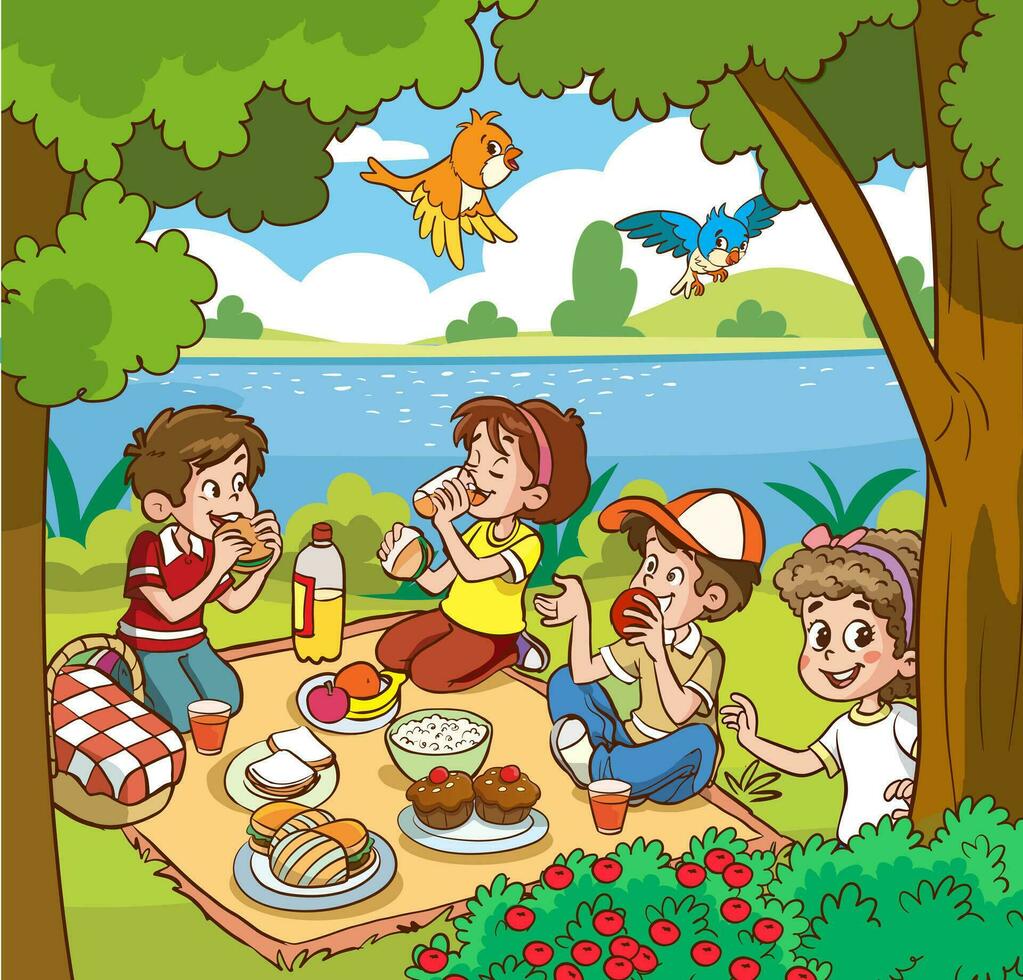 picknick på de sjö. vektor illustration av en grupp av barn har en picknick i de parkera.