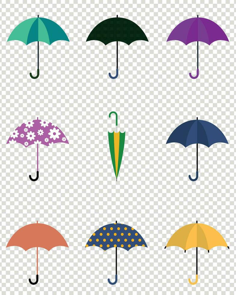 färgrik paraplyer för regn, vatten och Sol. paraply ikon. tecknad serie paraply ikon. paraply med hantera. gul, blå, röd färger. platt vektor illustration.