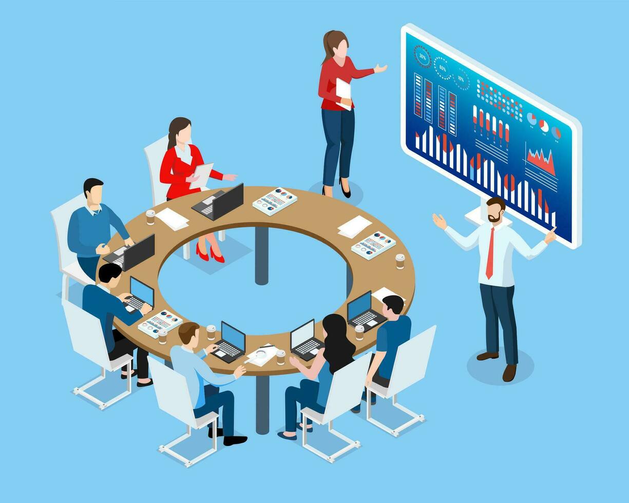 3d isometrisk lagarbete kreativ lösningar begrepp med människor arbetssätt eller studie för företag börja, data analys, företag statistisk, förvaltning. vektor illustration eps10