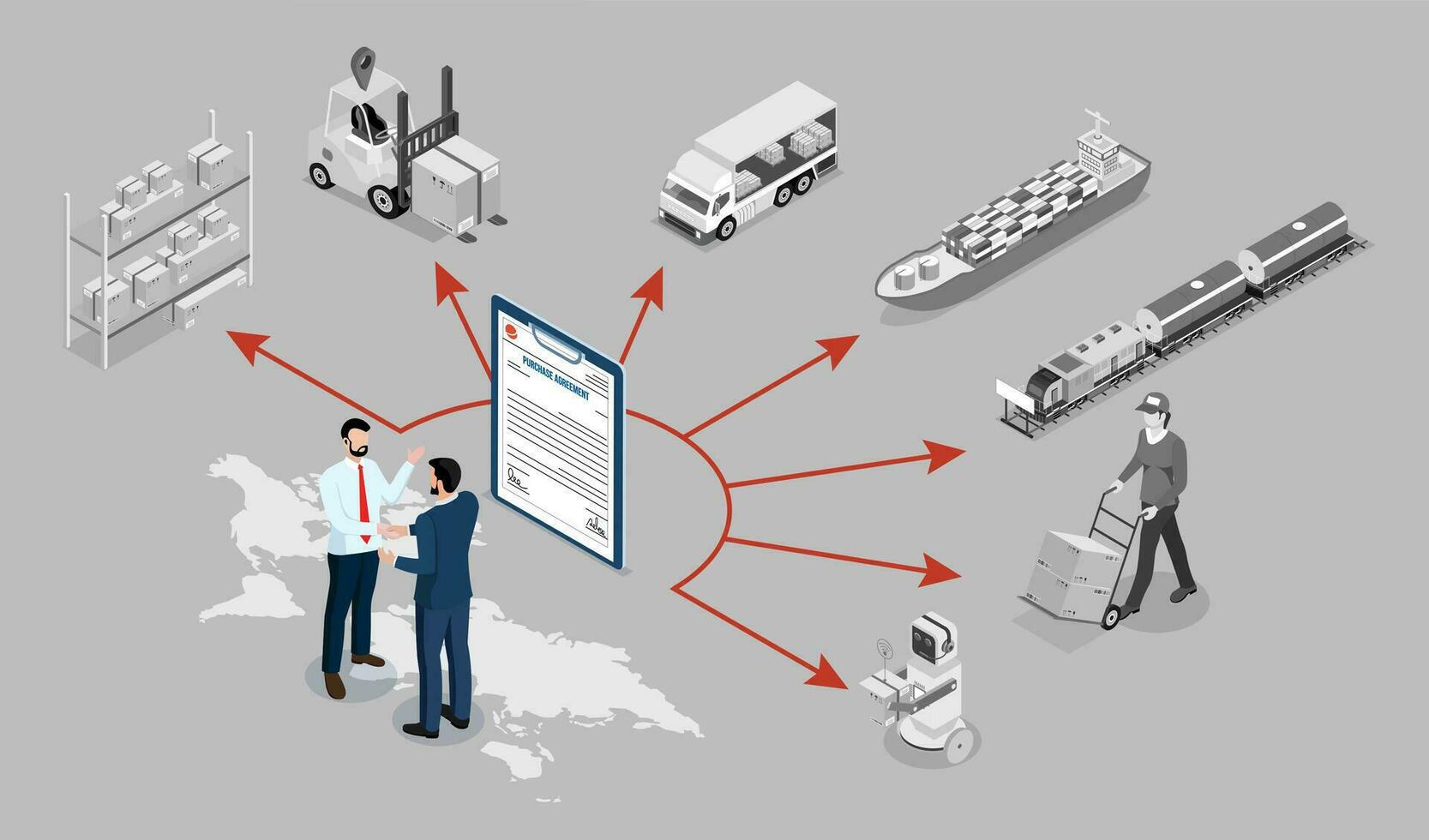 3d isometrisch global Logistik Netzwerk Konzept mit Transport Betrieb Service, liefern Kette Verwaltung - - scm, Unternehmen Logistik Prozesse. Vektor Illustration eps 10