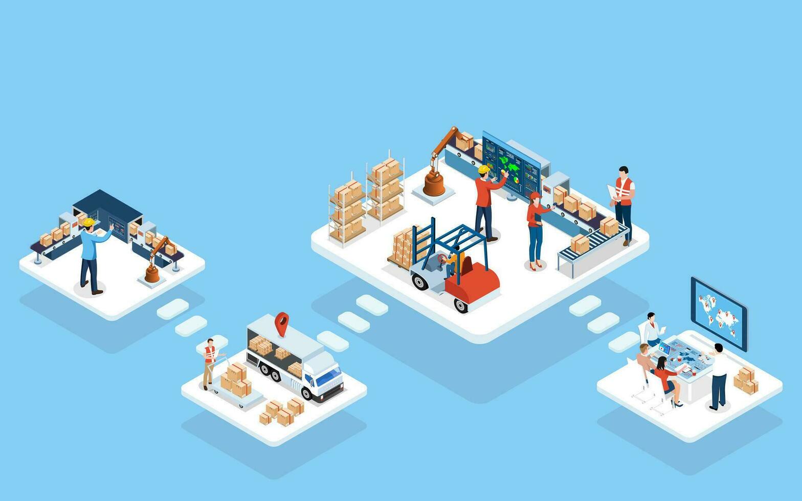 3d isometrisch global Logistik Lösungen Konzept mit Clever Logistik, Geschäft Logistik, Warenhaus Logistik, online Lieferung, Export und importieren. Vektor Illustration sps10