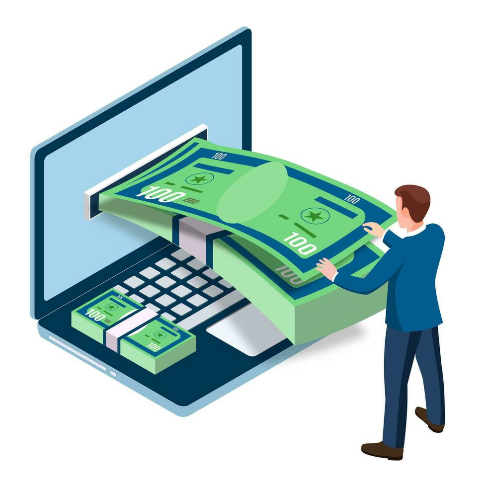 man använder sig av en bärbar dator till do finansiell transaktioner. isometrisk vektor illustration isolerat på vit bakgrund. eps10