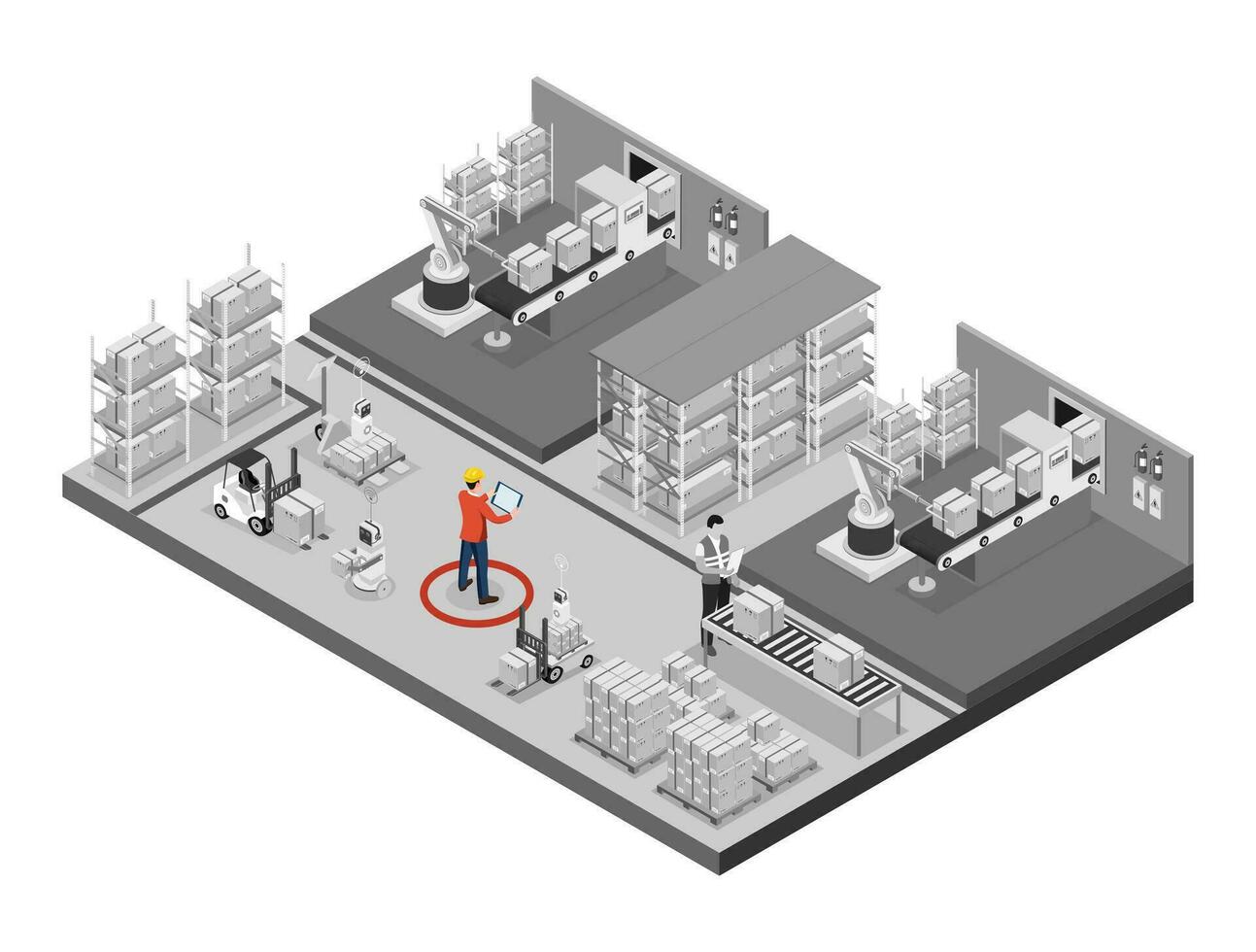 Clever Warenhaus Technologie. automatisiert Warenhaus Roboter. ai Routen autonom Rover und verwaltet ein Clever Lagerhaus. Vektor Illustration eps 10