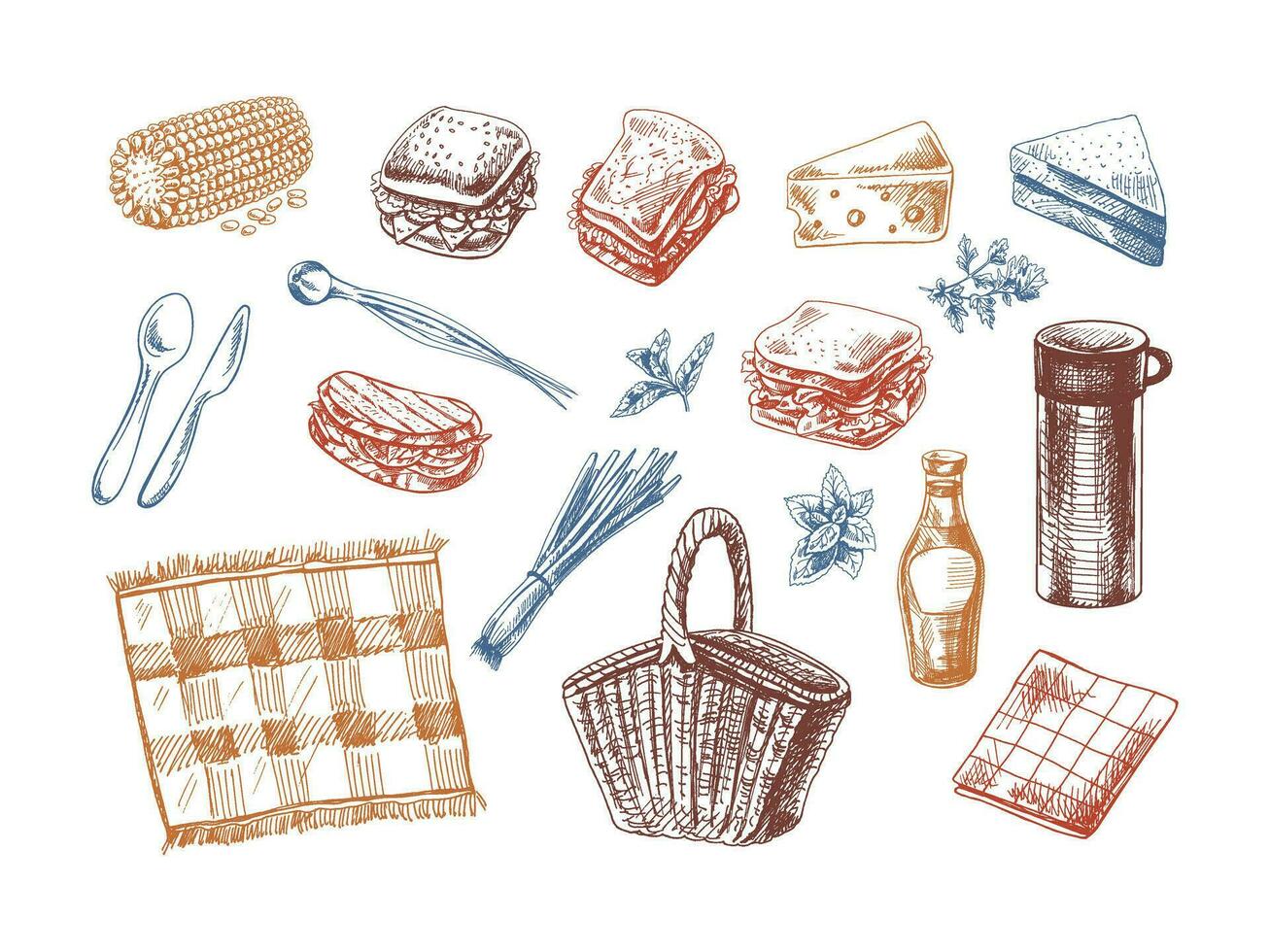 en uppsättning av ritad för hand skisser av utegrill och picknick element. för de design av de meny av restauranger och kaféer, grillad mat. klotter årgång illustration. graverat bild. vektor