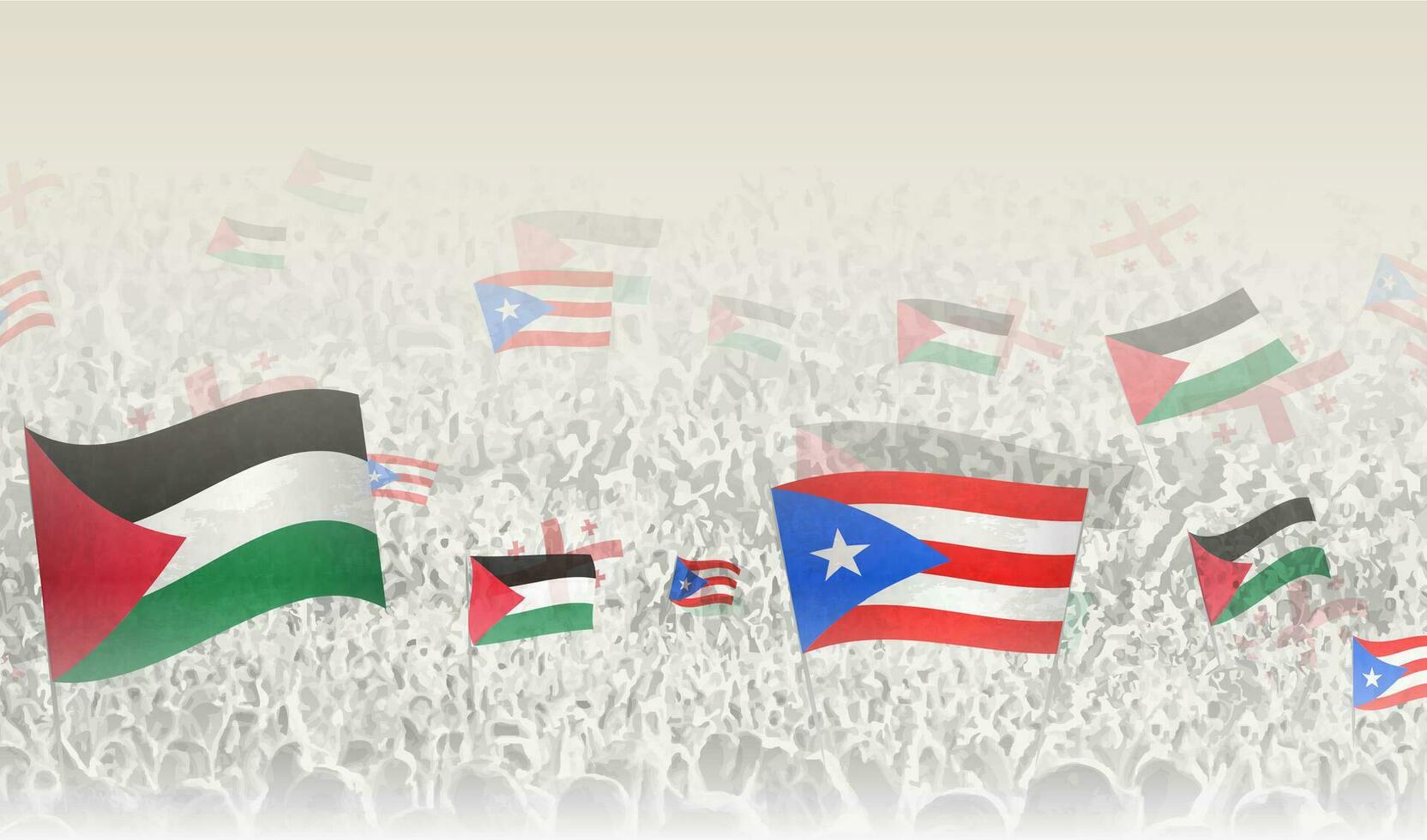 palestina och puerto rico flaggor i en folkmassan av glädjande människor. vektor