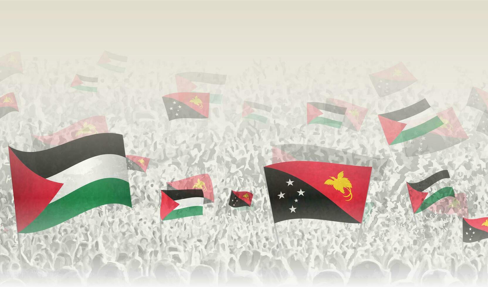 palestina och papua ny guinea flaggor i en folkmassan av glädjande människor. vektor