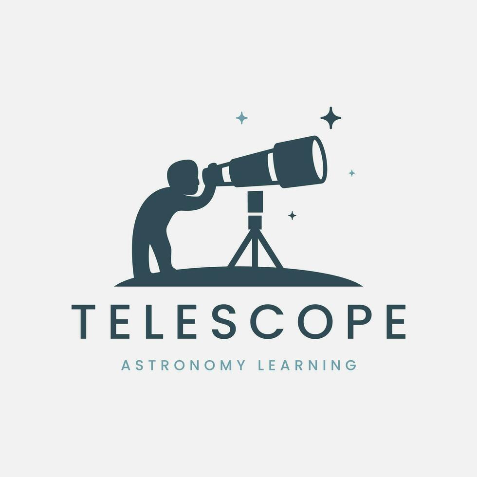 Teleskop Logo Vektor Jahrgang mit Schüler Illustration Vorlage Design, Astronomie Lernen Symbol